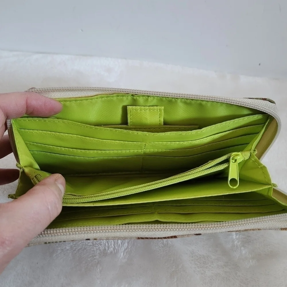 Lily Bloom Forest Owl Fox Porcupine Tan Green Zip Around Wallet